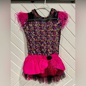Weissman’s Girl’s Dance Costume (Black/Pink Multi/Sequins/Feathers) - XL Child